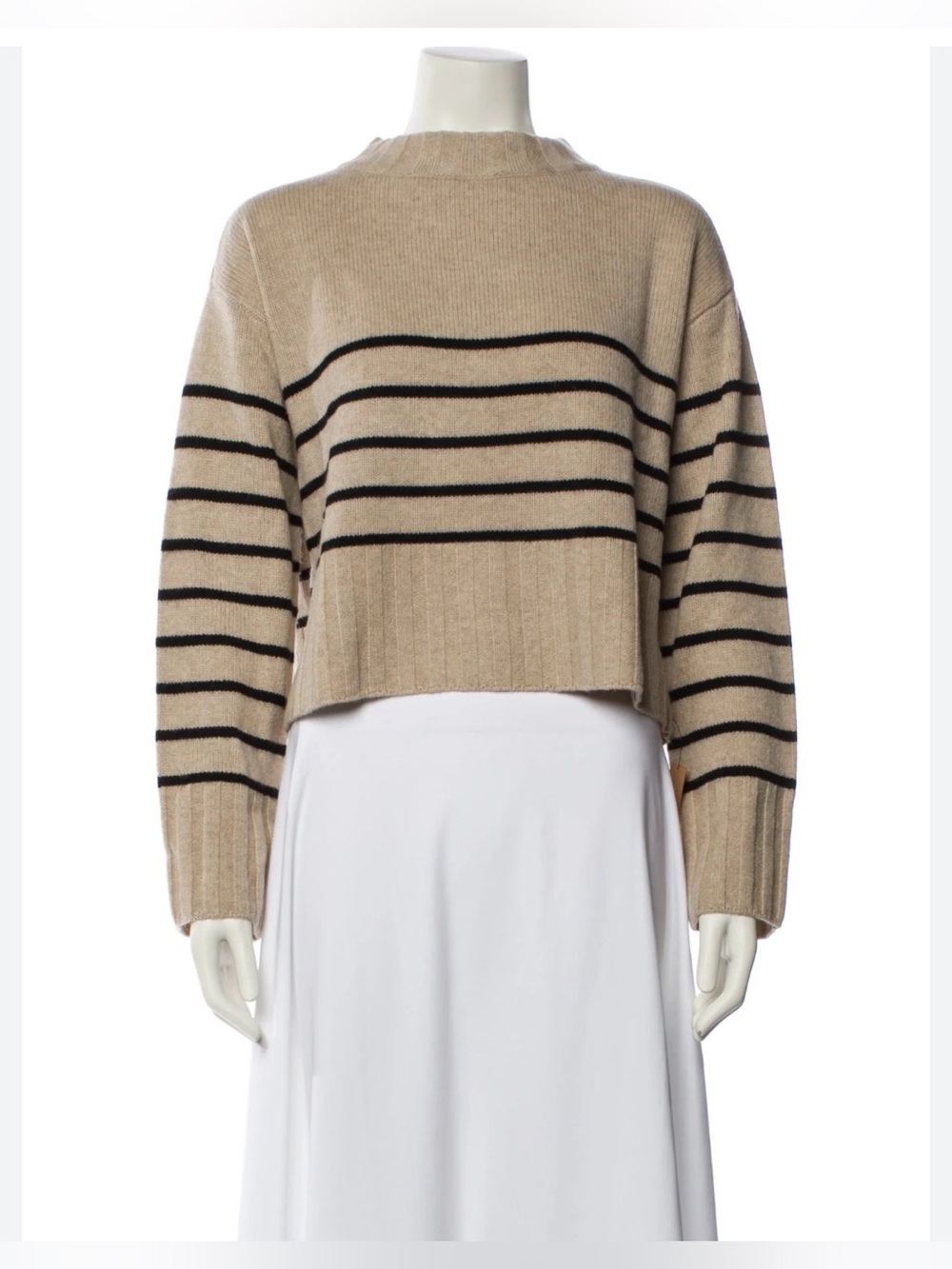Reformation Brooke Striped Tan Black Cropped Merino Wool Sweater Sz S - Picture 2 of 8